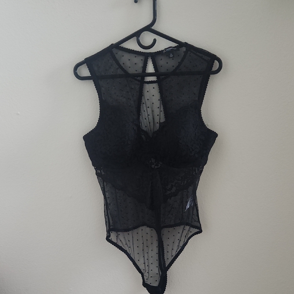 INC International Concepts Black Lace Polka Dot Padded Bodysuit Lingerie